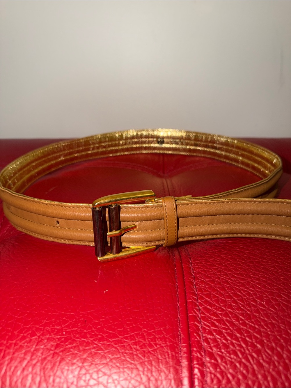 Vintage Escada West Germany Leather Tan Nude With Gold Trim Belt, Sz 38